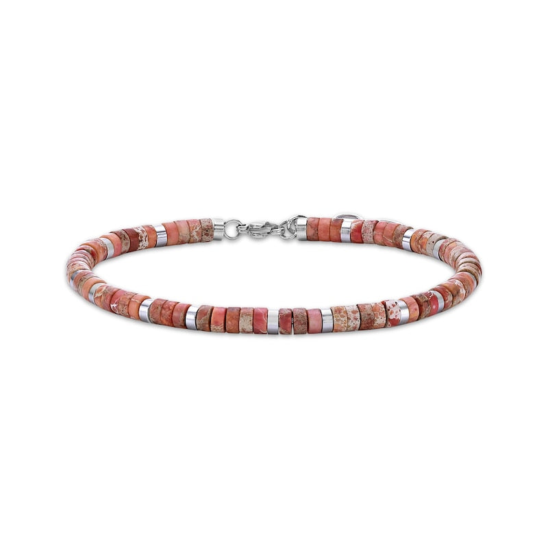 Men's Orange Turquoise Disc Bead Bracelet Stainless Steel 9"